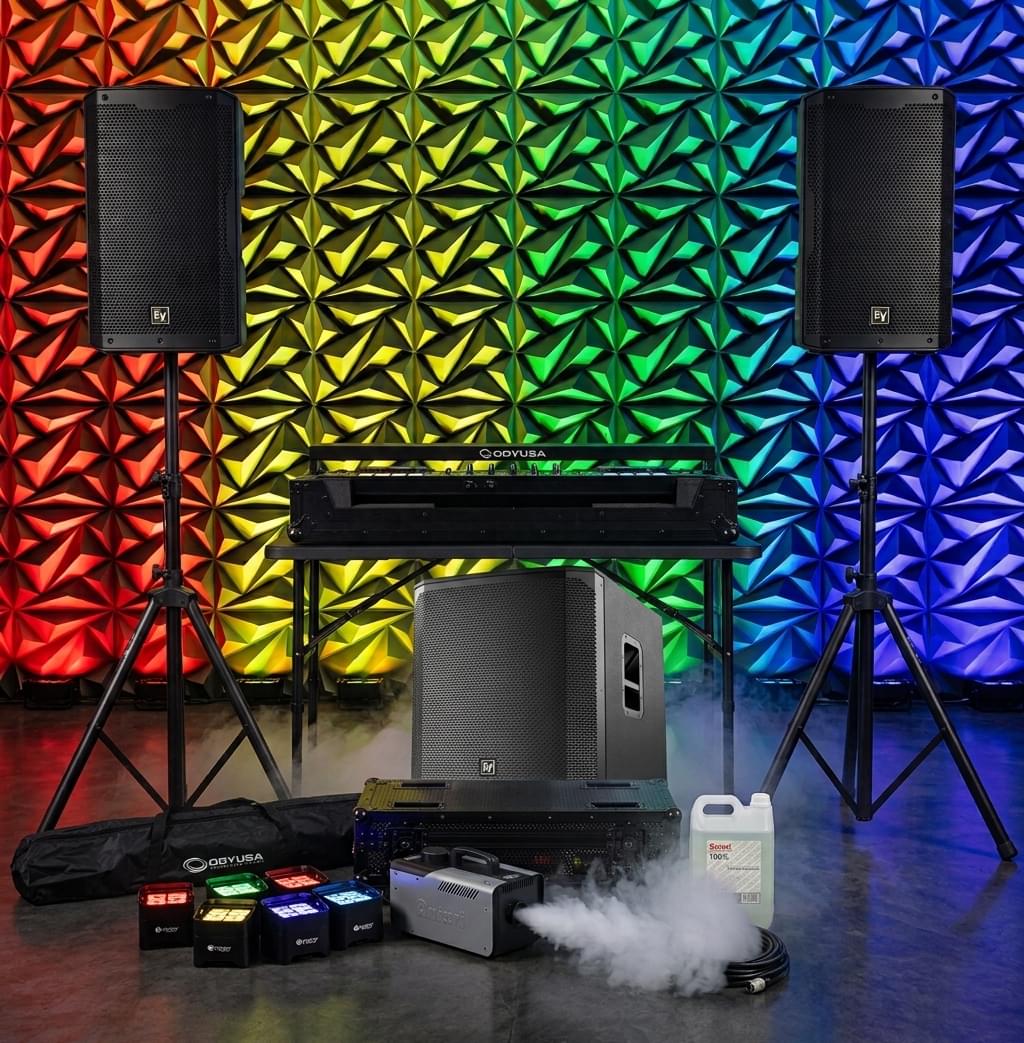 Peak Hour Bundle - EV ELX200-12P Speakers & 18" Sub, Colorkey 8-Pack Uplights, Antari DMX Fogger
