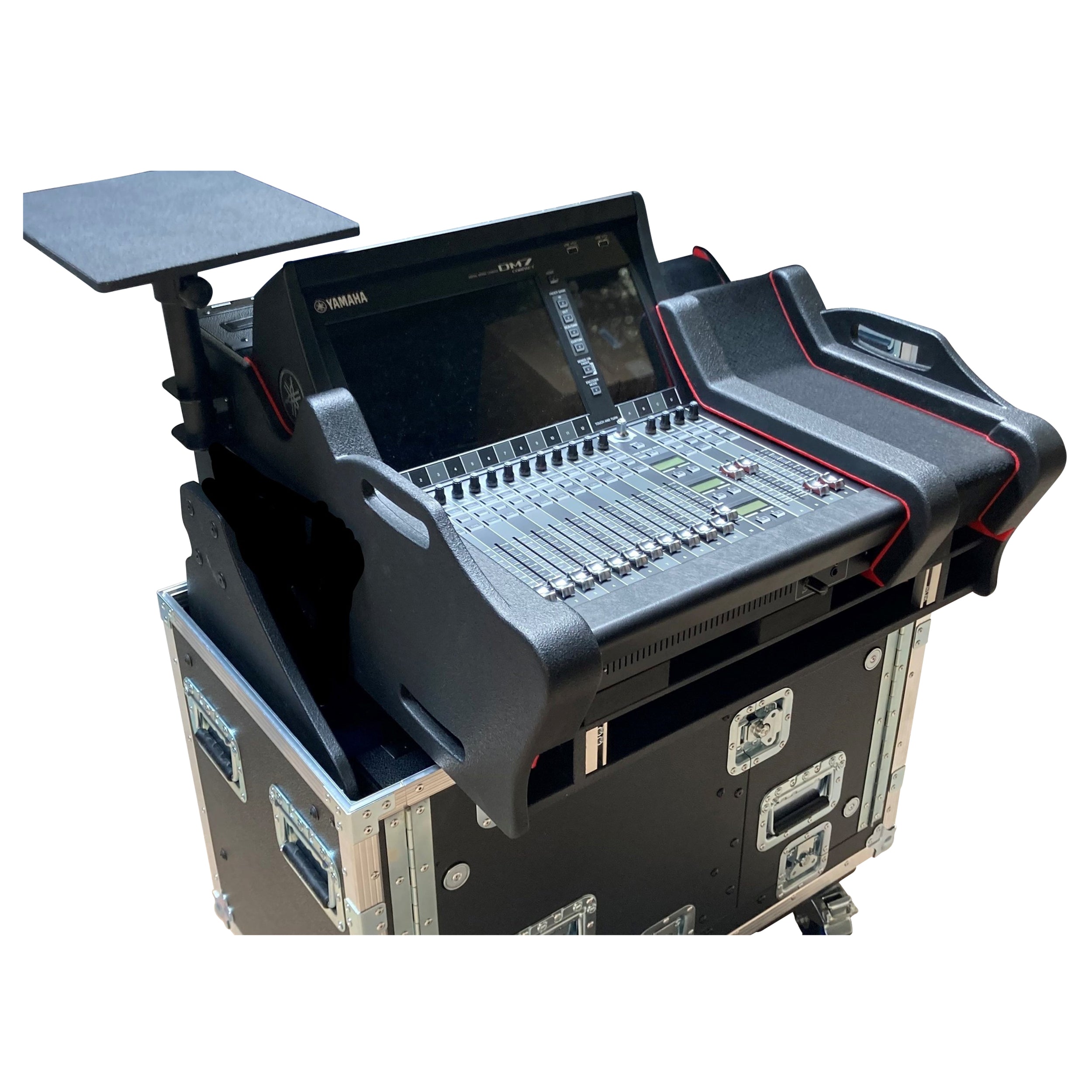 ProX XZF-YDM7EX2UDLMA - Estuche para consola listo para usar con Yamaha DM7-EX con brazo hidráulico desmontable de fácil elevación para laptop y monitor, y ruedas con bloqueo automático
