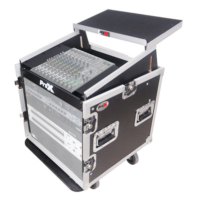 ProX 10U Vertical Rack Mount Flight Case with 10U Top for Mixer Combo Amp Rack with Laptop Shelf and Caster Wheels
