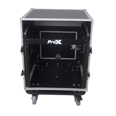 ProX 10U Vertical Rack Mount Flight Case with 10U Top for Mixer Combo Amp Rack with Laptop Shelf and Caster Wheels