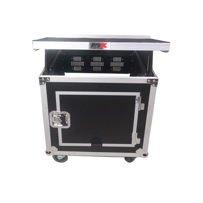 ProX 10U Vertical Rack Mount Flight Case with 10U Top for Mixer Combo Amp Rack with Laptop Shelf and Caster Wheels