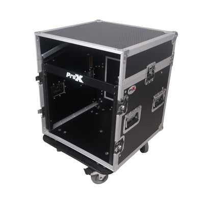 ProX 10U Vertical Rack Mount Flight Case with 10U Top for Mixer Combo Amp Rack with Laptop Shelf and Caster Wheels