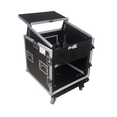 ProX 12U Vertical Rack Mount Flight Case with 10U Top for Mixer Combo Amp Rack with Laptop Shelf and Caster Wheels