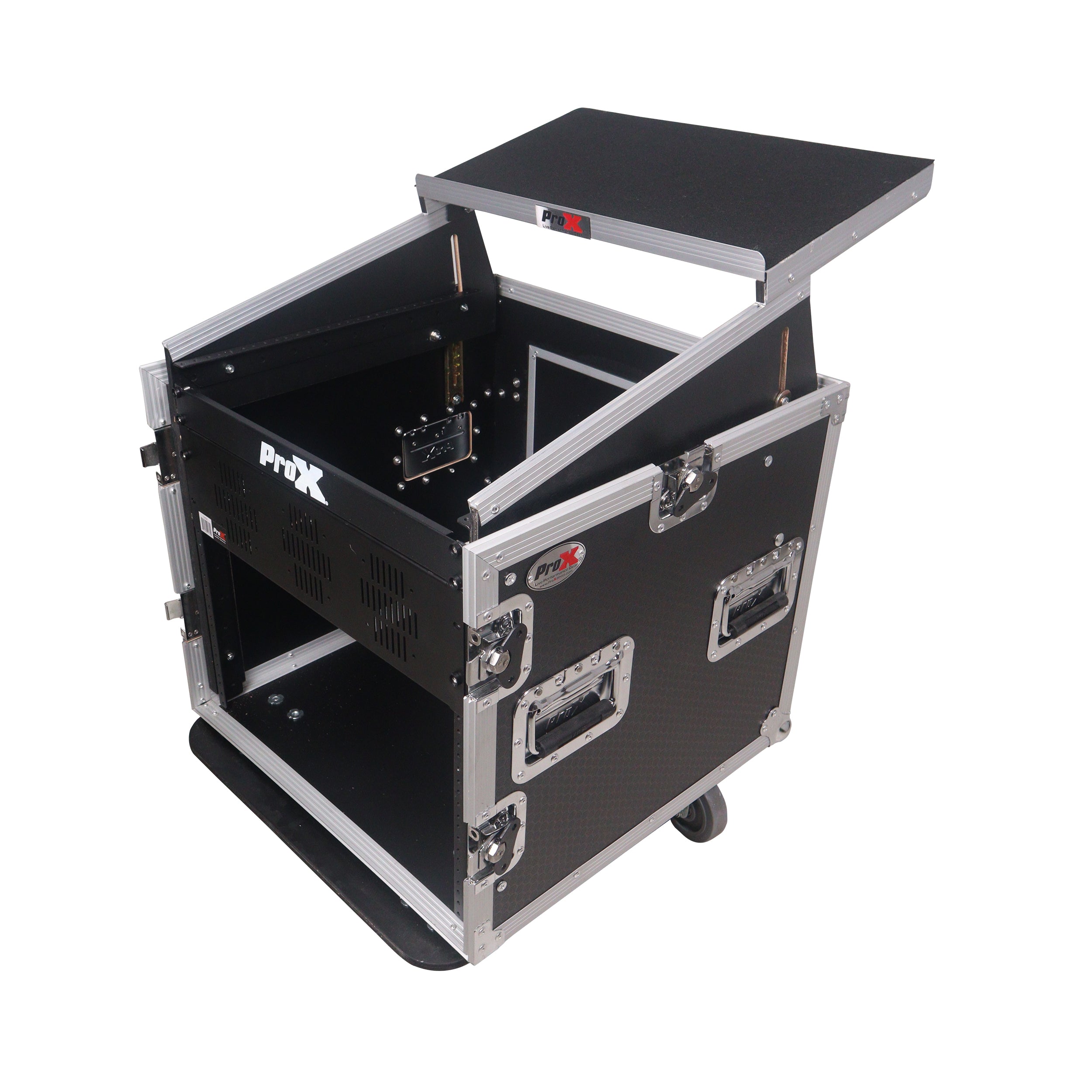 ProX 12U Vertical Rack Mount Flight Case with 10U Top for Mixer Combo Amp Rack with Laptop Shelf and Caster Wheels