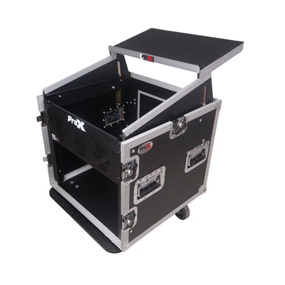 ProX 12U Vertical Rack Mount Flight Case with 10U Top for Mixer Combo Amp Rack with Laptop Shelf and Caster Wheels