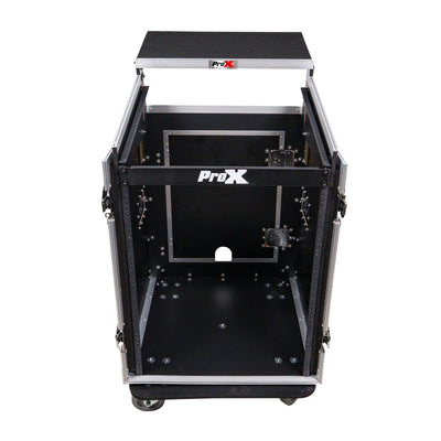 ProX 14U Vertical Rack Mount Flight Case with 10U Top for Mixer Combo Amp Rack with Laptop Shelf and Caster Wheels