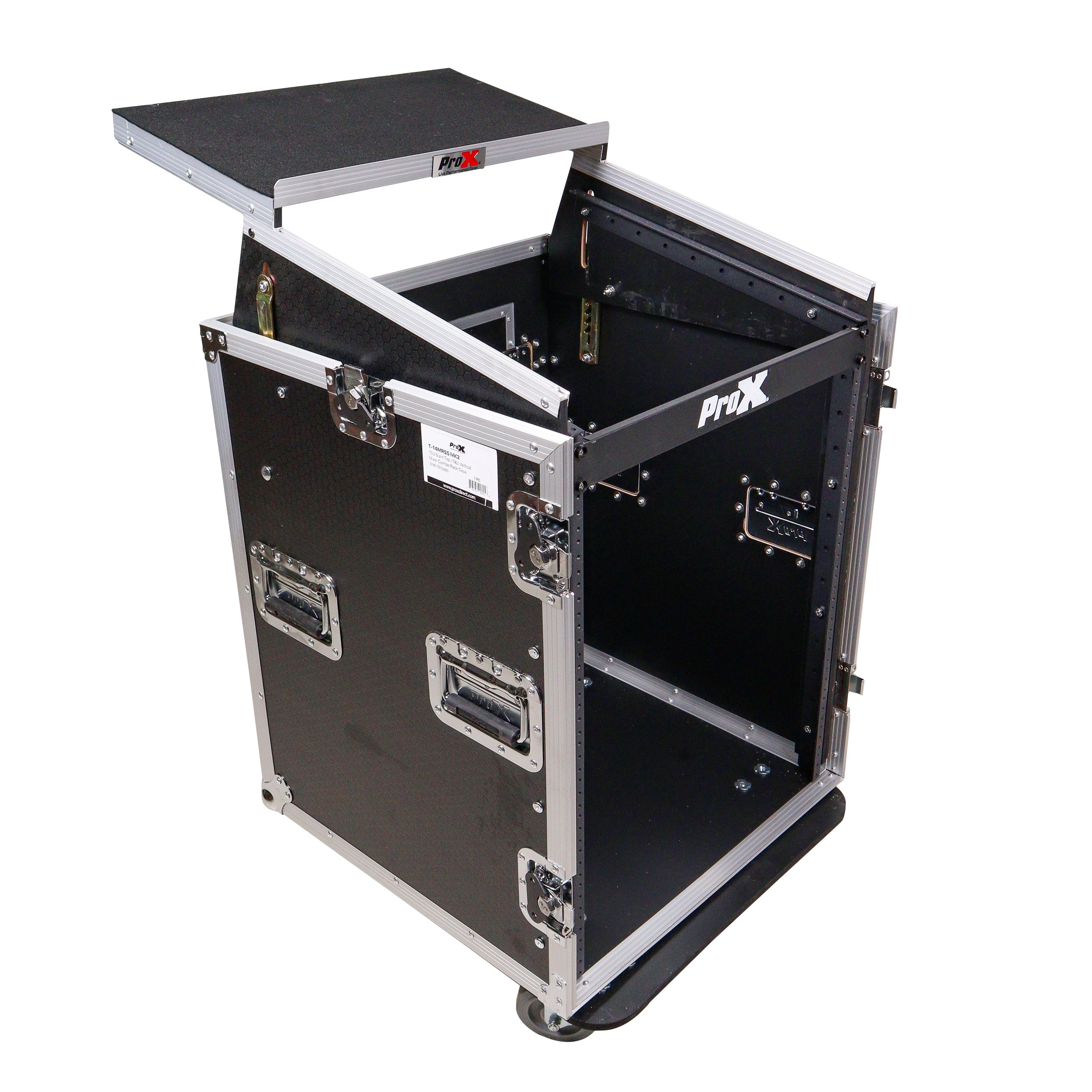 ProX 14U Vertical Rack Mount Flight Case with 10U Top for Mixer Combo Amp Rack with Laptop Shelf and Caster Wheels