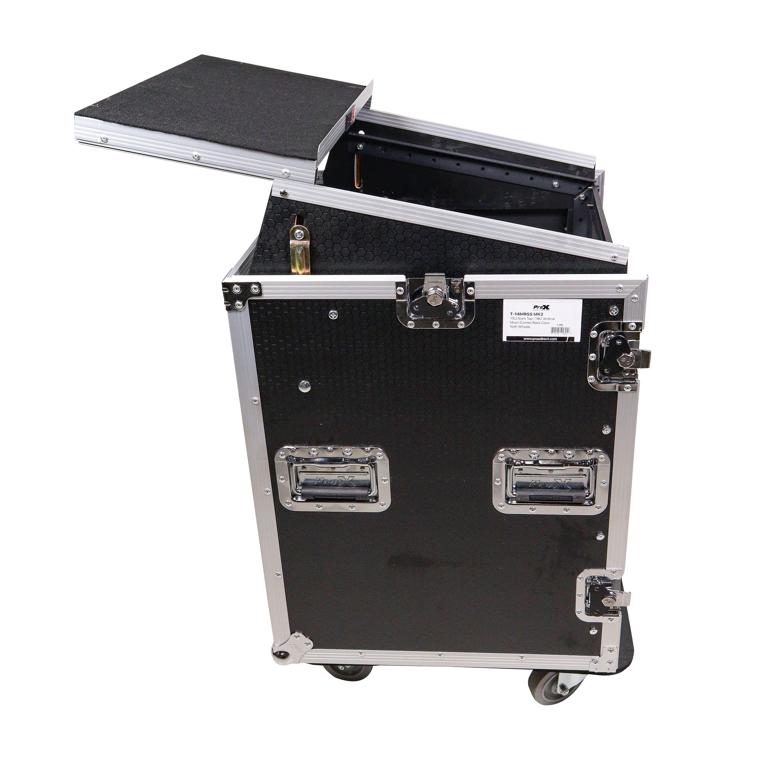 ProX 14U Vertical Rack Mount Flight Case with 10U Top for Mixer Combo Amp Rack with Laptop Shelf and Caster Wheels