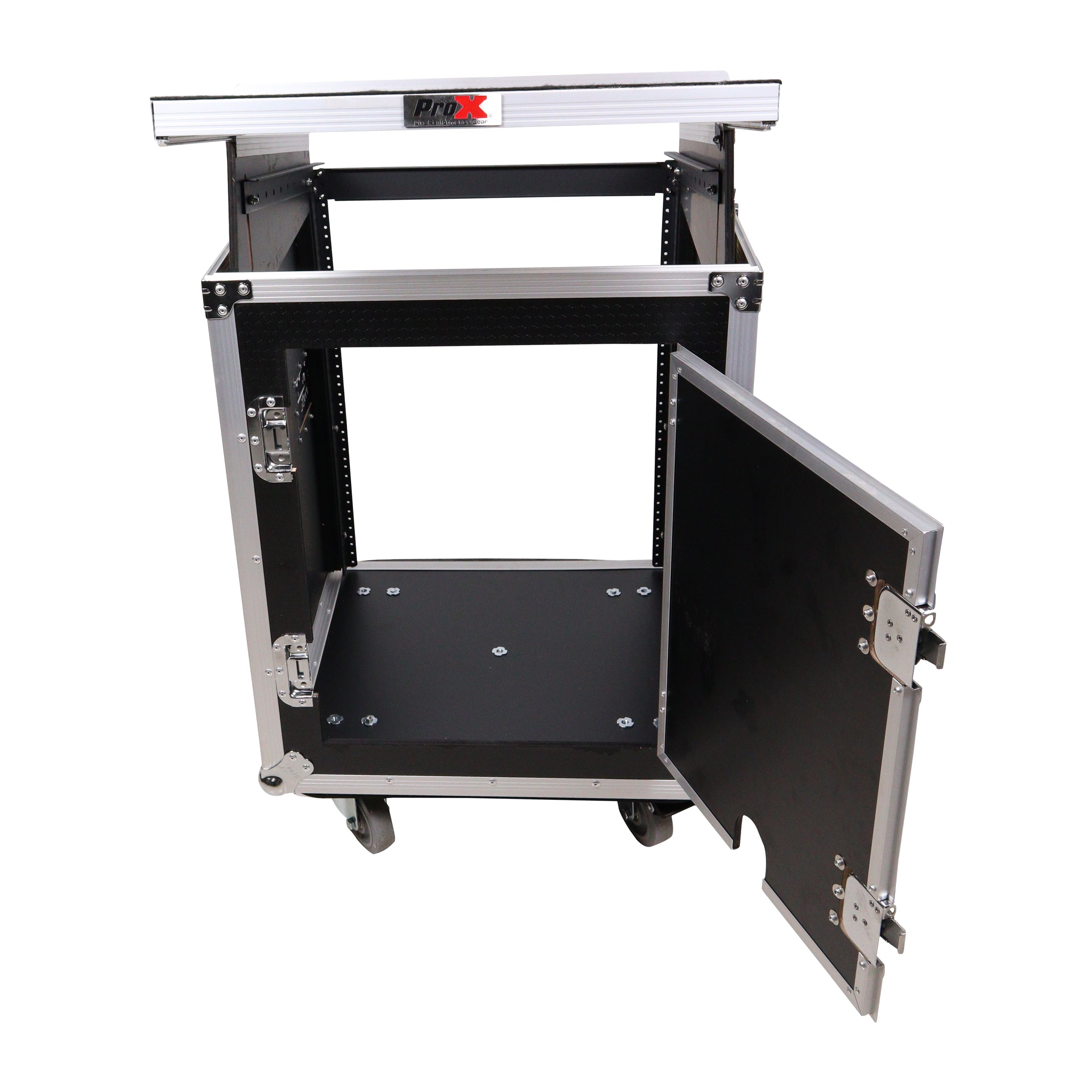 ProX 14U Vertical Rack Mount Flight Case with 10U Top for Mixer Combo Amp Rack with Laptop Shelf and Caster Wheels
