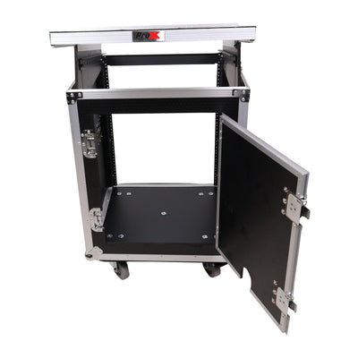 ProX 14U Vertical Rack Mount Flight Case with 10U Top for Mixer Combo Amp Rack with Laptop Shelf and Caster Wheels