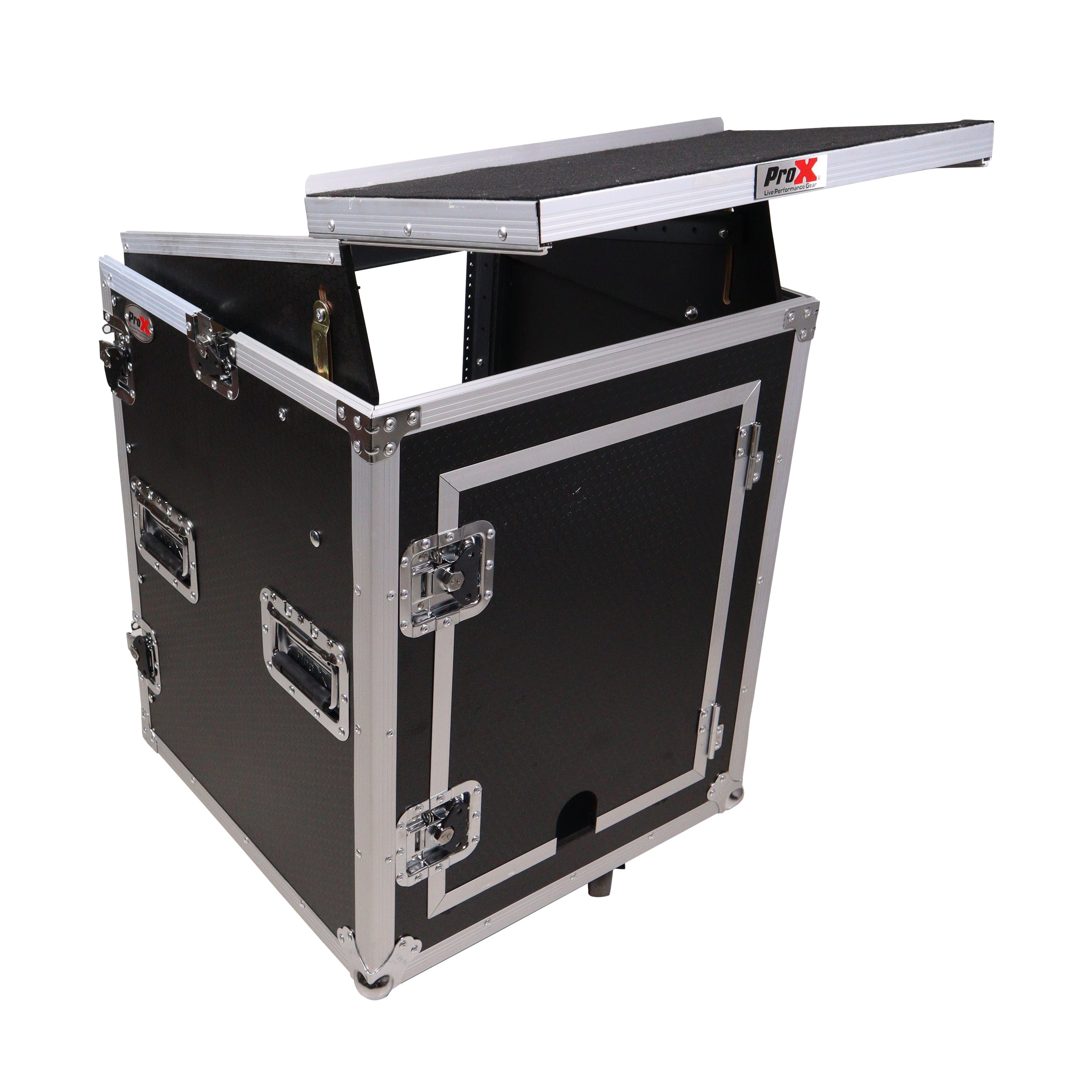 ProX 14U Vertical Rack Mount Flight Case with 10U Top for Mixer Combo Amp Rack with Laptop Shelf and Caster Wheels