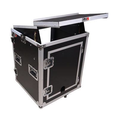 ProX 14U Vertical Rack Mount Flight Case with 10U Top for Mixer Combo Amp Rack with Laptop Shelf and Caster Wheels