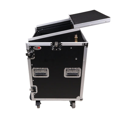 ProX 14U Vertical Rack Mount Flight Case with 10U Top for Mixer Combo Amp Rack with Laptop Shelf and Caster Wheels