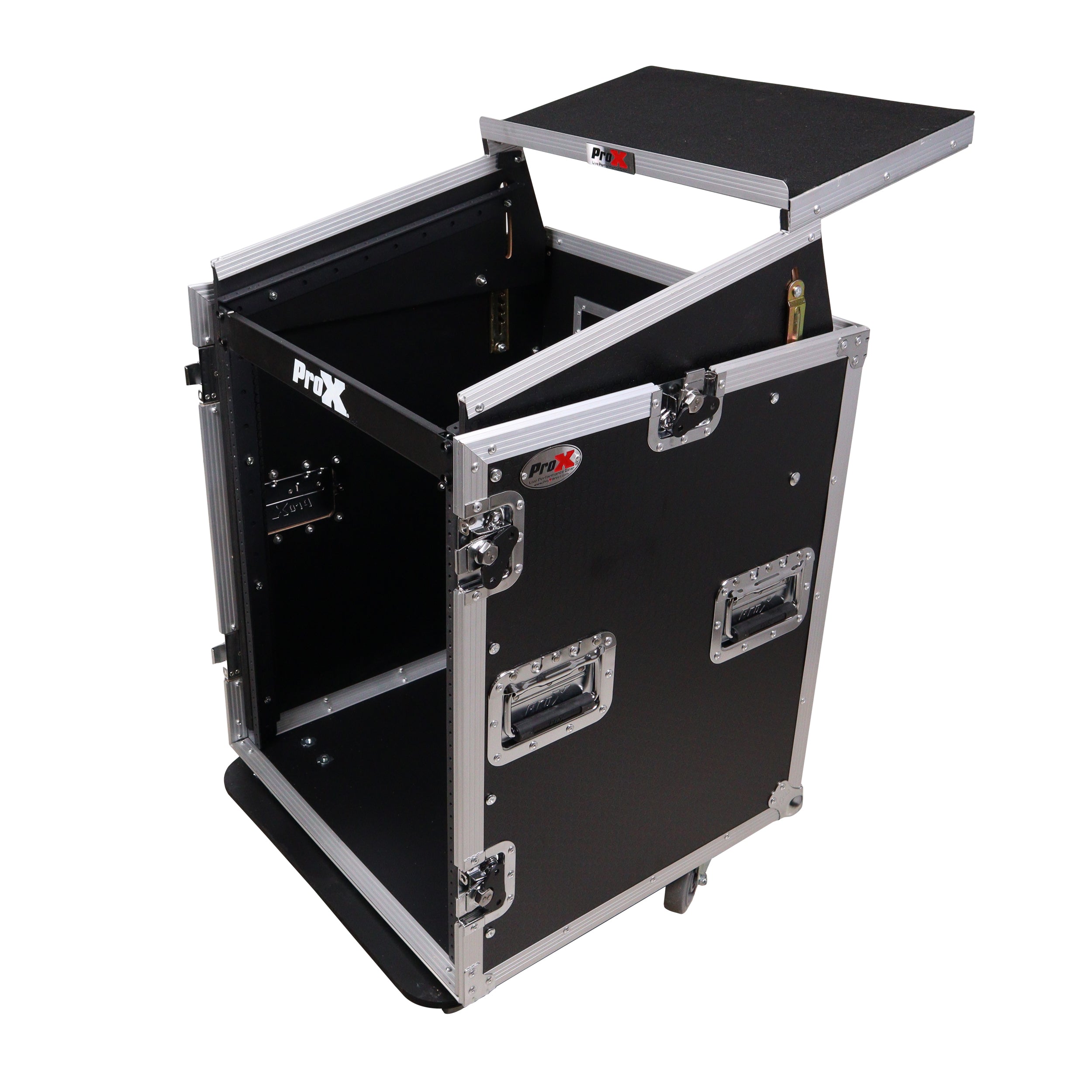 ProX 14U Vertical Rack Mount Flight Case with 10U Top for Mixer Combo Amp Rack with Laptop Shelf and Caster Wheels