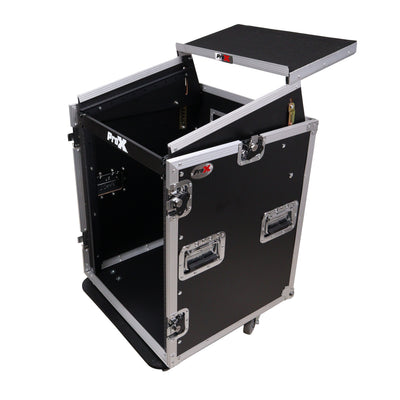 ProX 14U Vertical Rack Mount Flight Case with 10U Top for Mixer Combo Amp Rack with Laptop Shelf and Caster Wheels