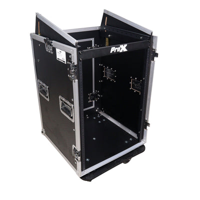 ProX 16U Vertical Rack Mount Flight Case with 10U Top for Mixer Combo Amp Rack with Laptop Shelf and Caster Wheels