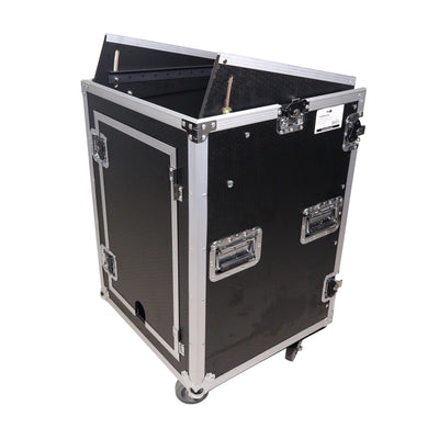 ProX 16U Vertical Rack Mount Flight Case with 10U Top for Mixer Combo Amp Rack with Laptop Shelf and Caster Wheels
