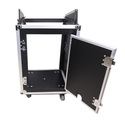 ProX 16U Vertical Rack Mount Flight Case with 10U Top for Mixer Combo Amp Rack with Laptop Shelf and Caster Wheels