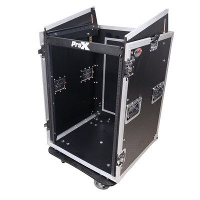 ProX 16U Vertical Rack Mount Flight Case with 10U Top for Mixer Combo Amp Rack with Laptop Shelf and Caster Wheels
