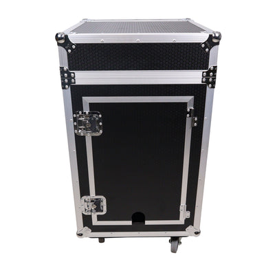 ProX 16U Vertical Rack Mount Flight Case with 10U Top for Mixer Combo Amp Rack with Laptop Shelf and Caster Wheels