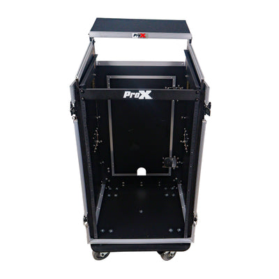 ProX 18U Vertical Rack Mount Flight Case with 10U Top for Mixer Combo Amp Rack with Laptop Shelf and Caster Wheels