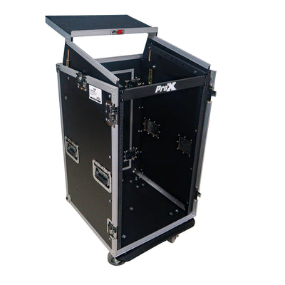 ProX 18U Vertical Rack Mount Flight Case with 10U Top for Mixer Combo Amp Rack with Laptop Shelf and Caster Wheels
