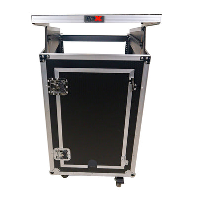ProX 18U Vertical Rack Mount Flight Case with 10U Top for Mixer Combo Amp Rack with Laptop Shelf and Caster Wheels