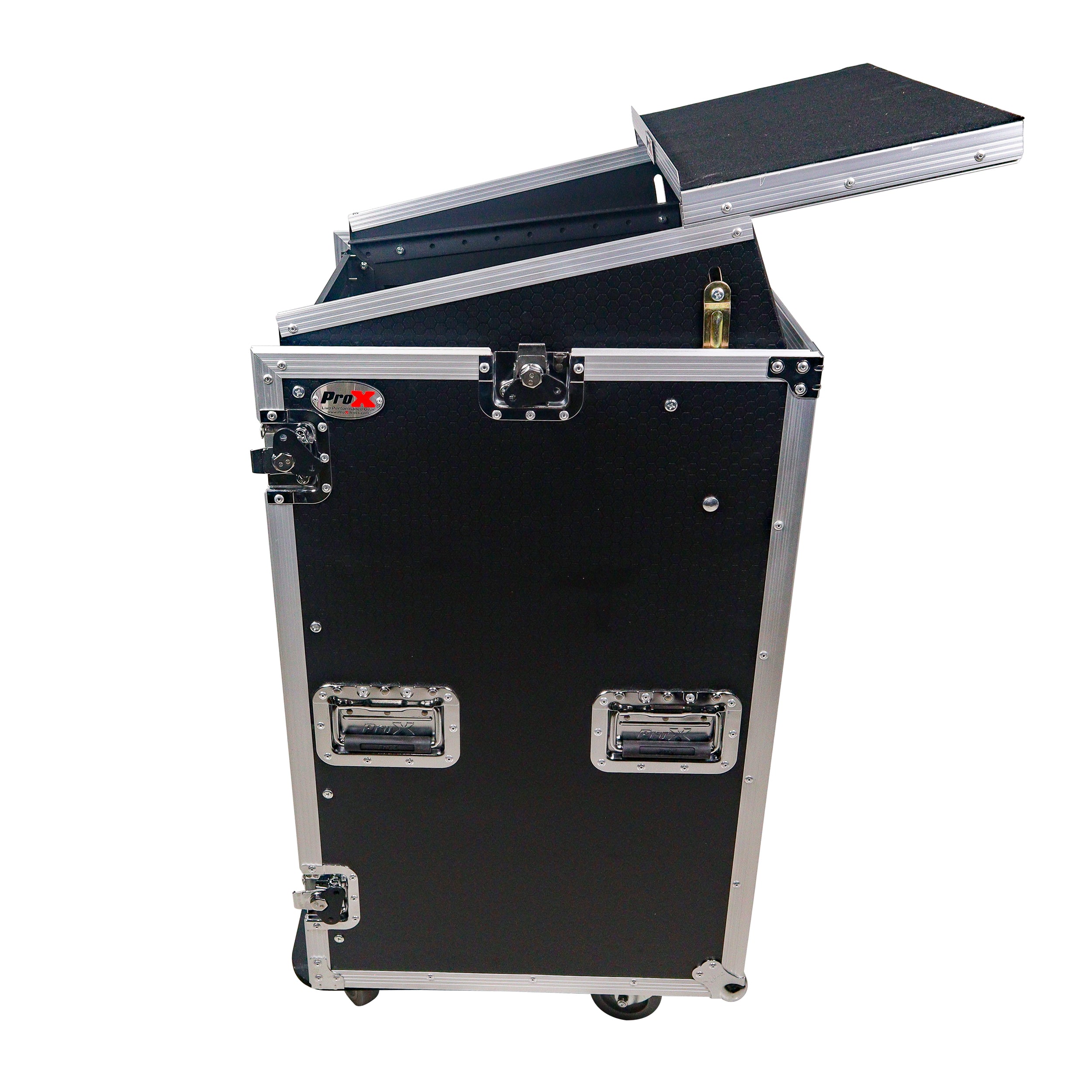 ProX 18U Vertical Rack Mount Flight Case with 10U Top for Mixer Combo Amp Rack with Laptop Shelf and Caster Wheels