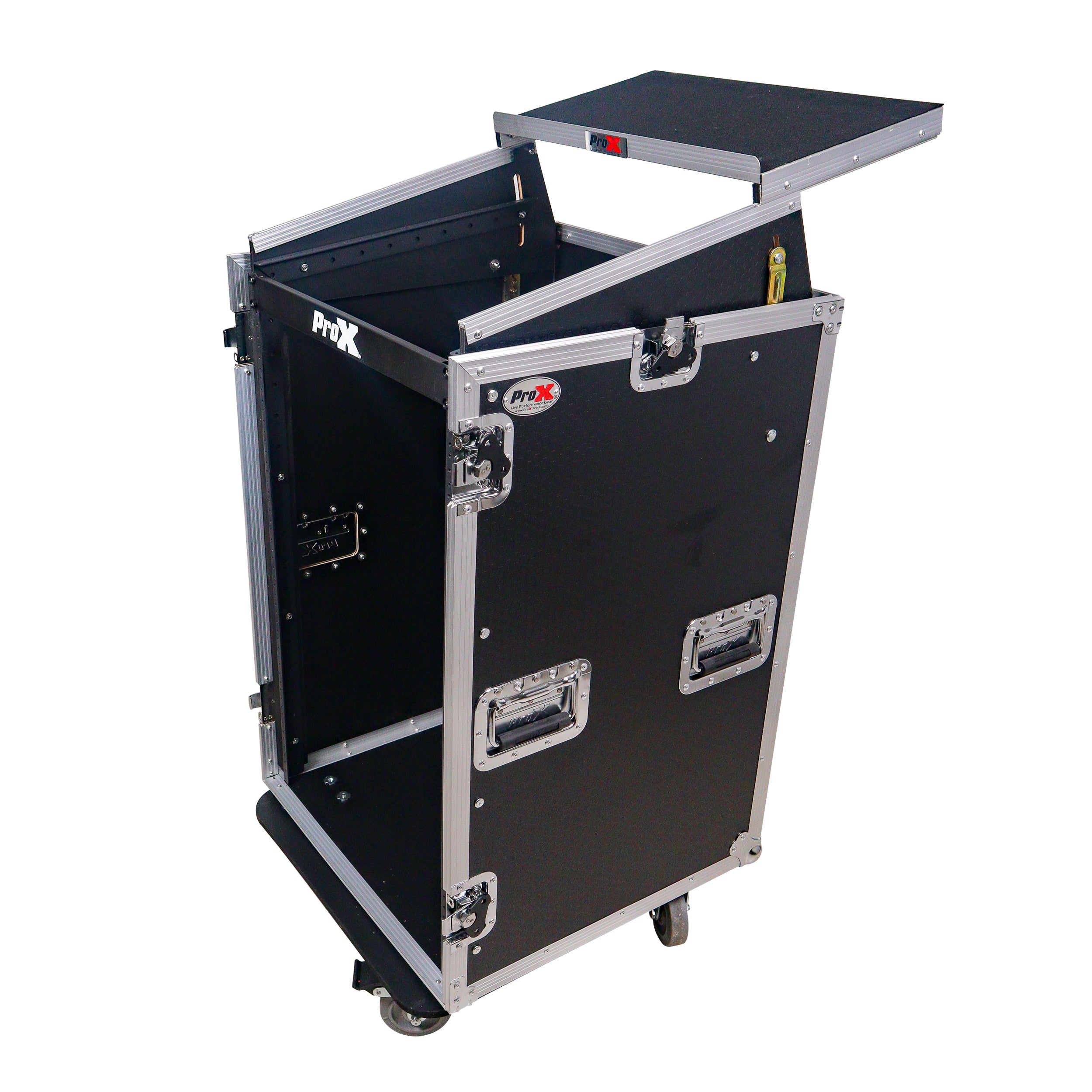 ProX 18U Vertical Rack Mount Flight Case with 10U Top for Mixer Combo Amp Rack with Laptop Shelf and Caster Wheels