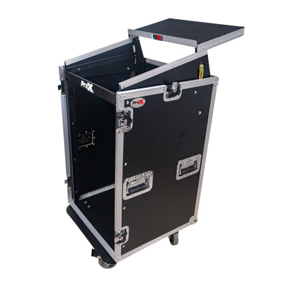 ProX 18U Vertical Rack Mount Flight Case with 10U Top for Mixer Combo Amp Rack with Laptop Shelf and Caster Wheels