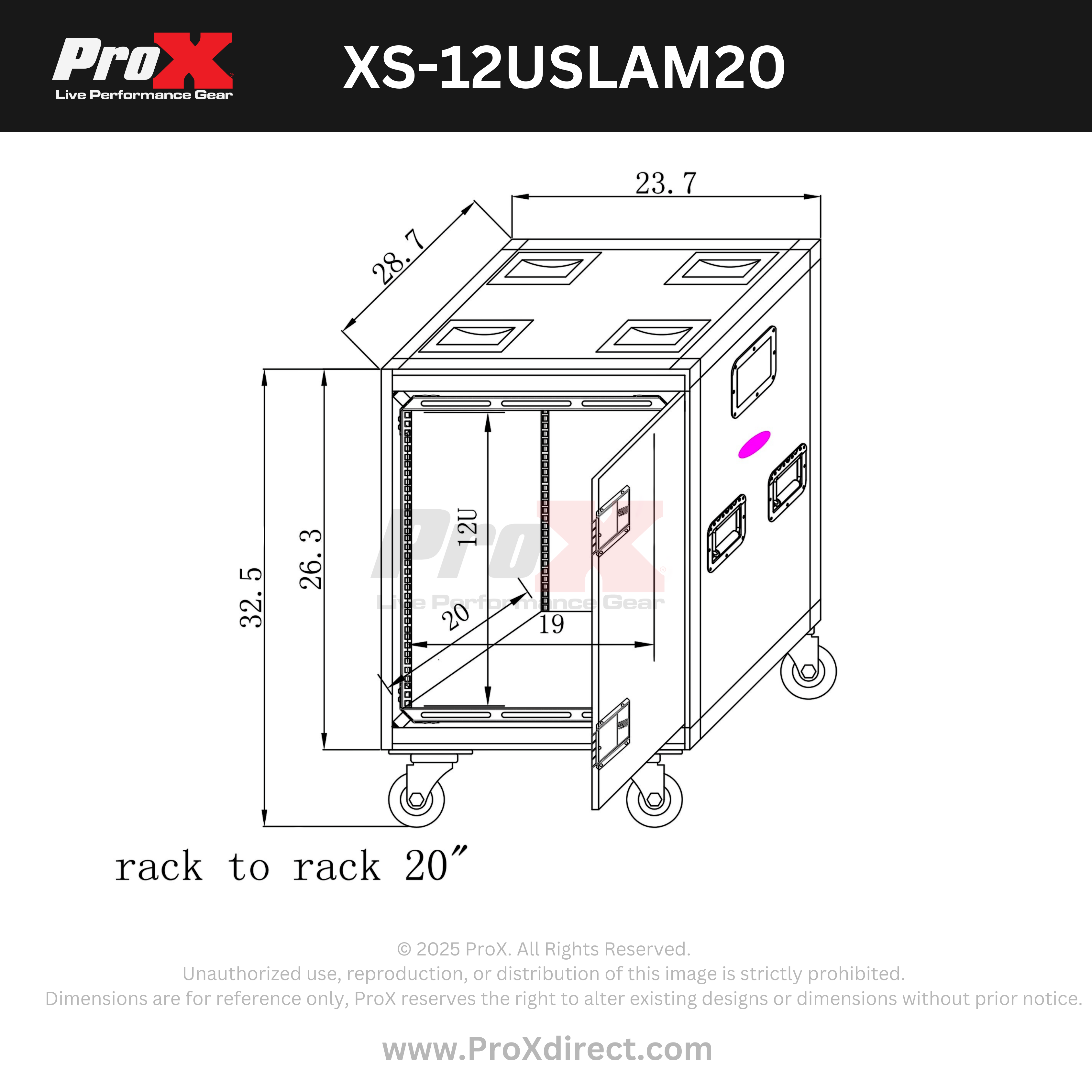 ProX 12U 20" Deep Vertical Rack to Rack Shock Mount Case with 2 Sliding Slam Doors & 4" Caster Wheels