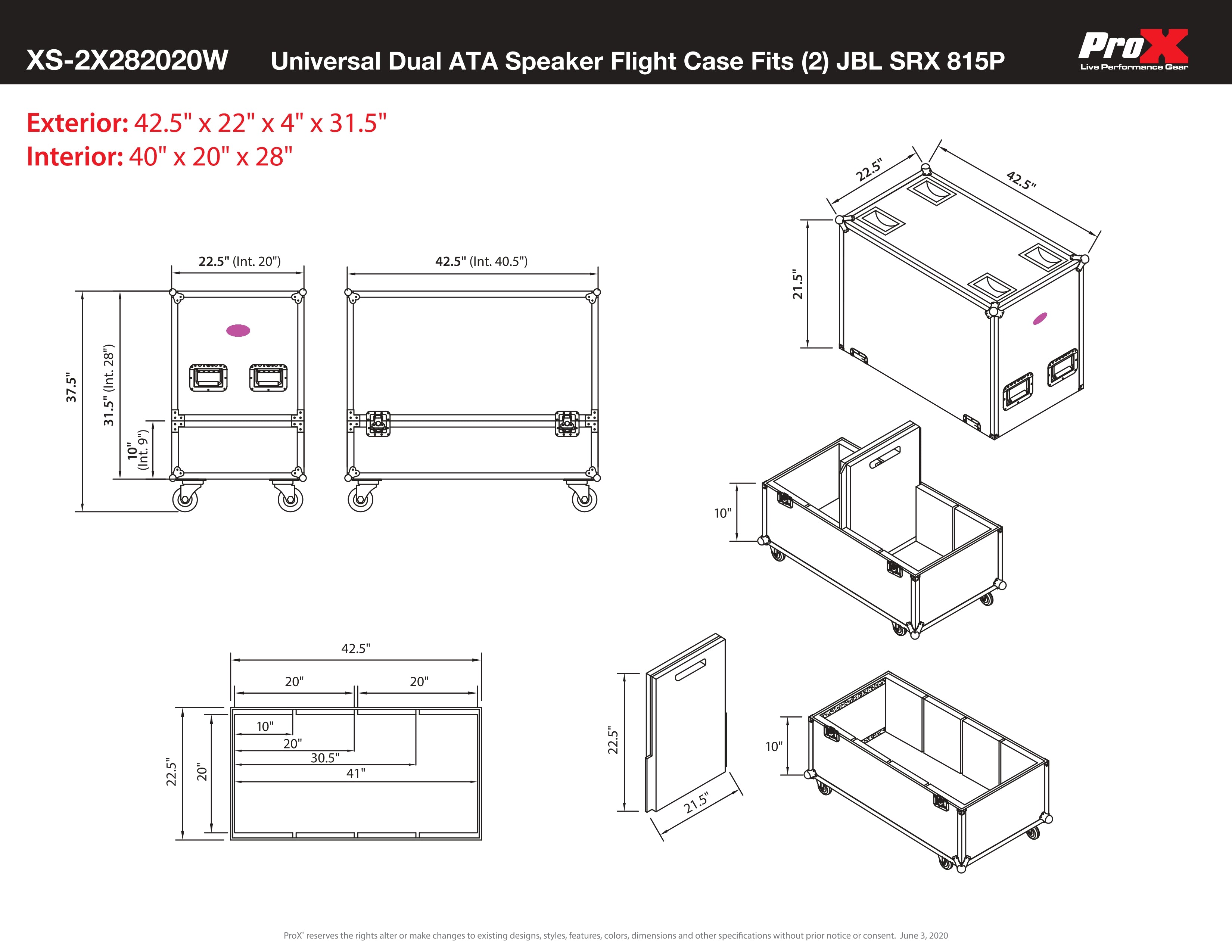 ProX Universal Dual ATA Speaker Flight Case Fits 2 pcs 28x20x20 inch speakers, Two JBL SRX 815P and Similar Sized Speakers
