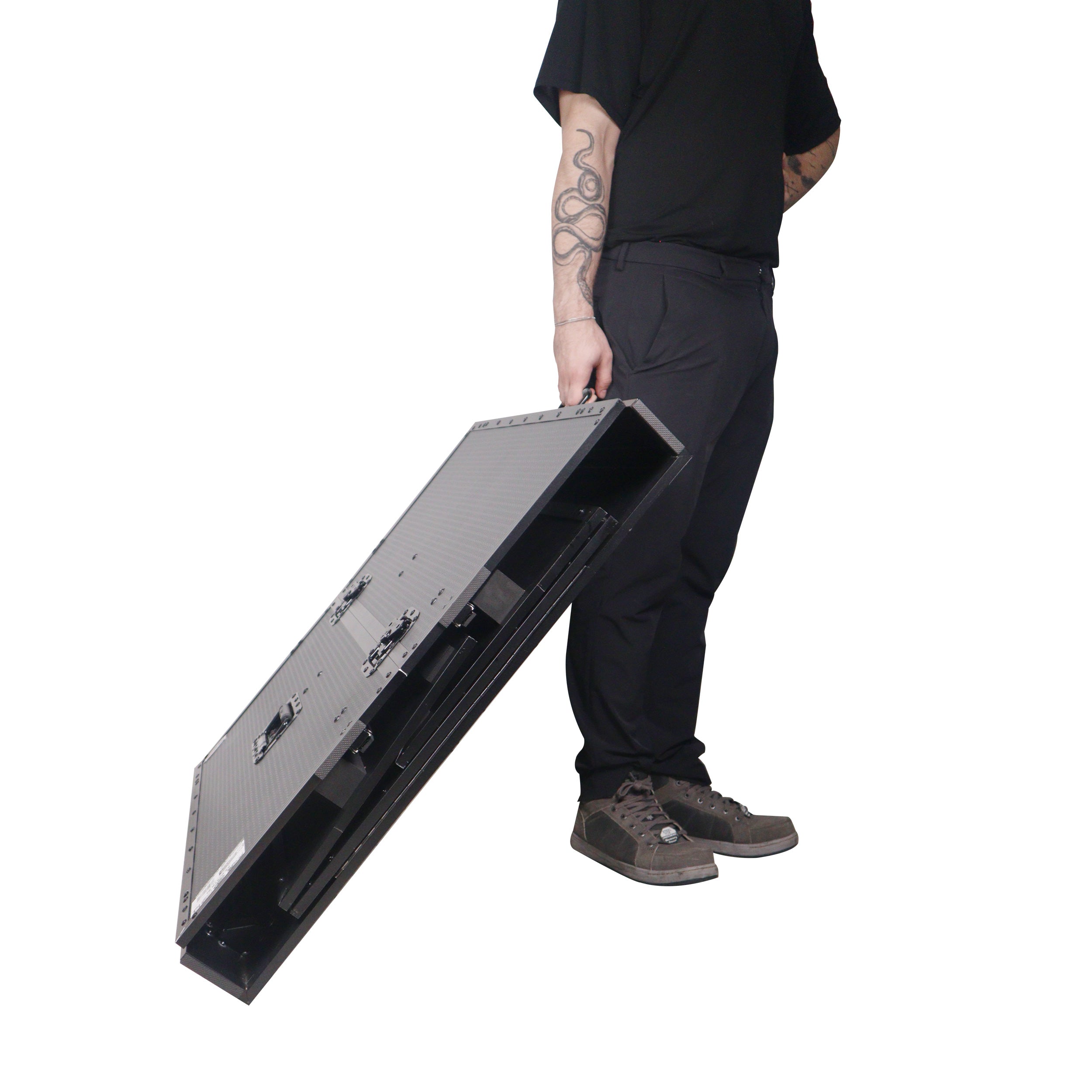 ProX Transformer Flight Case Style Folding DJ Table and Workstation with Smooth Rolling Wheels Black Finish