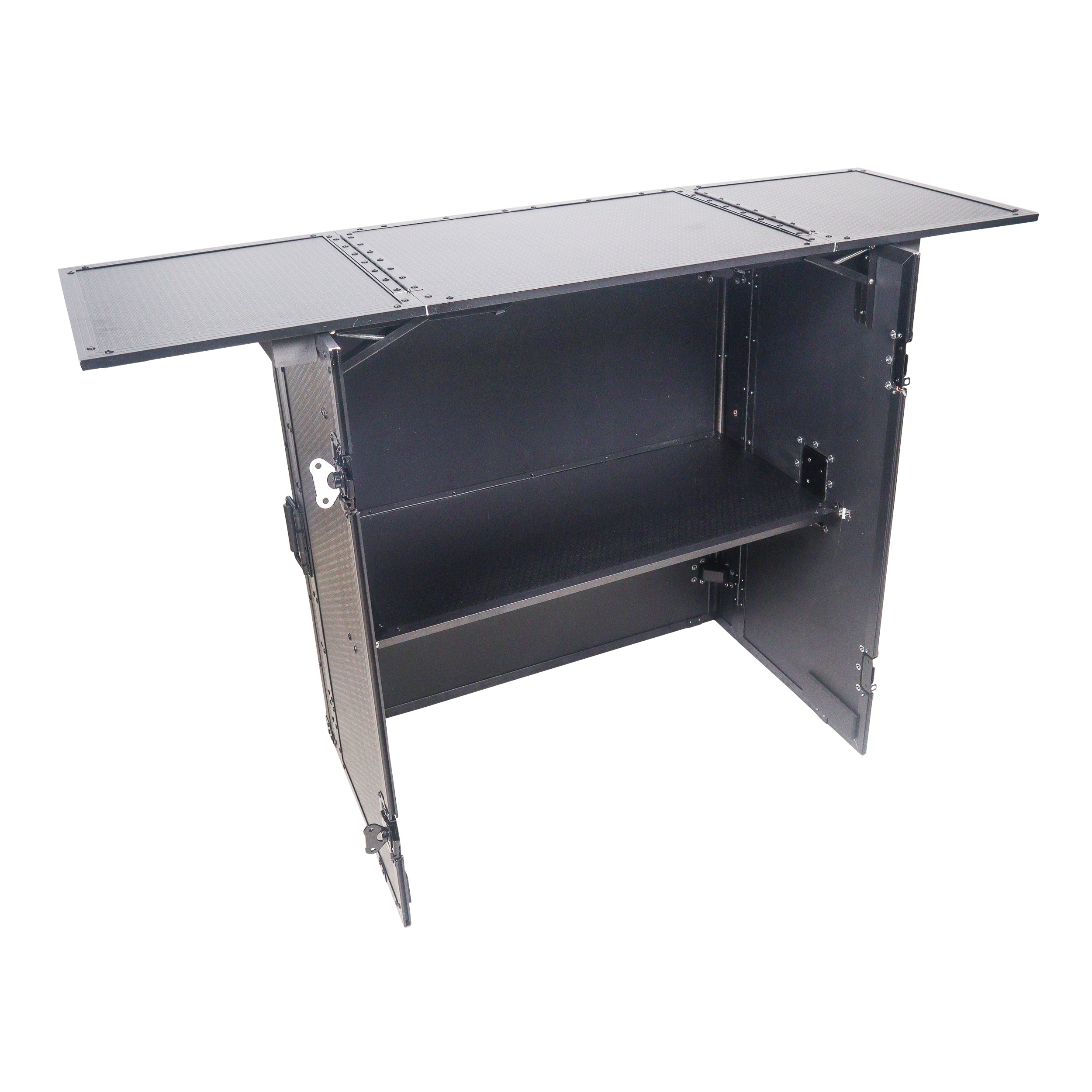 ProX Transformer Flight Case Style Folding DJ Table and Workstation with Smooth Rolling Wheels Black Finish