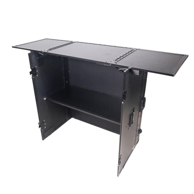 ProX Transformer Flight Case Style Folding DJ Table and Workstation with Smooth Rolling Wheels Black Finish