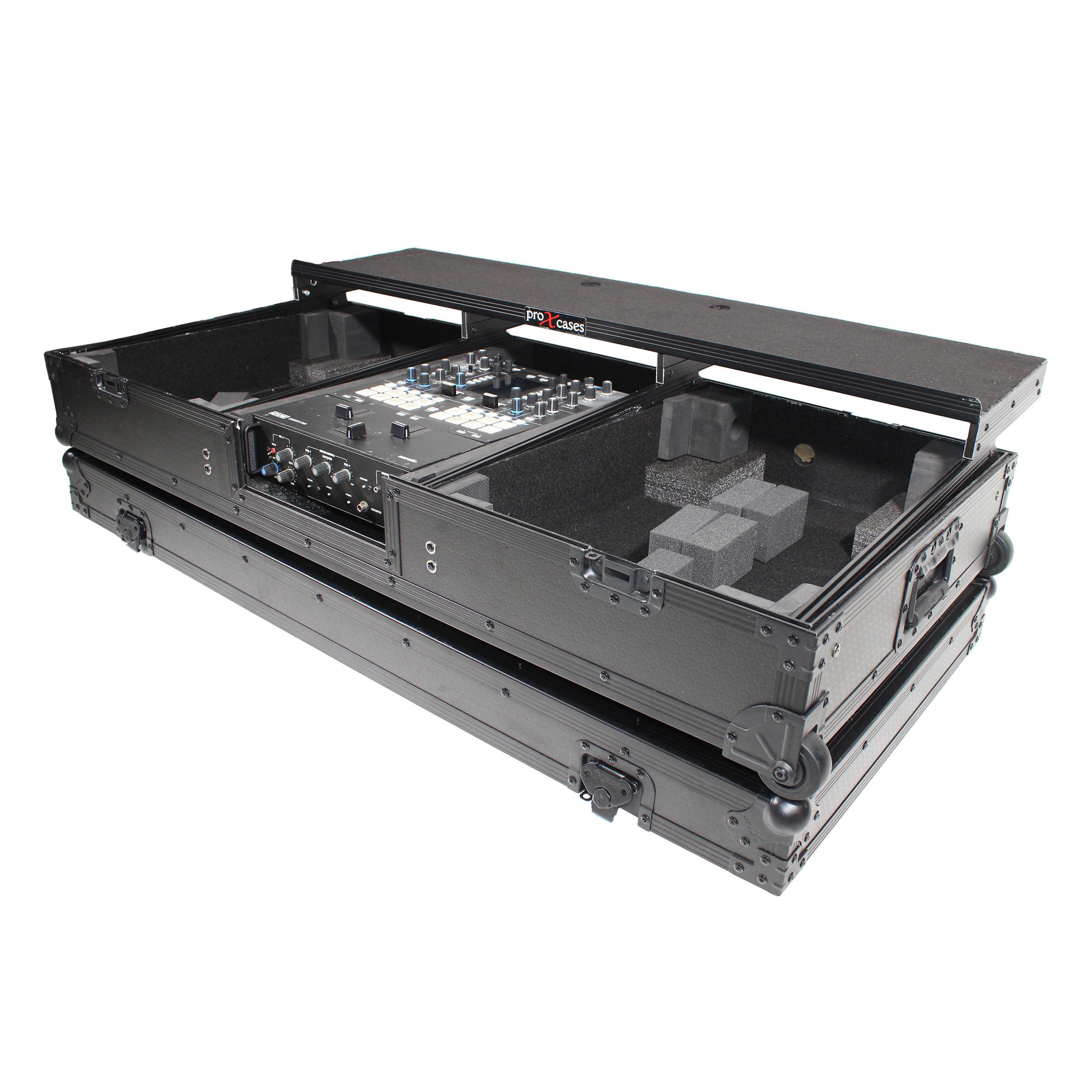 ProX Flight Coffin Case For 12" Rane 72 Mixer and 2 Turntables in Battle Mode W/ Laptop Shelf and Wheels Black on Black