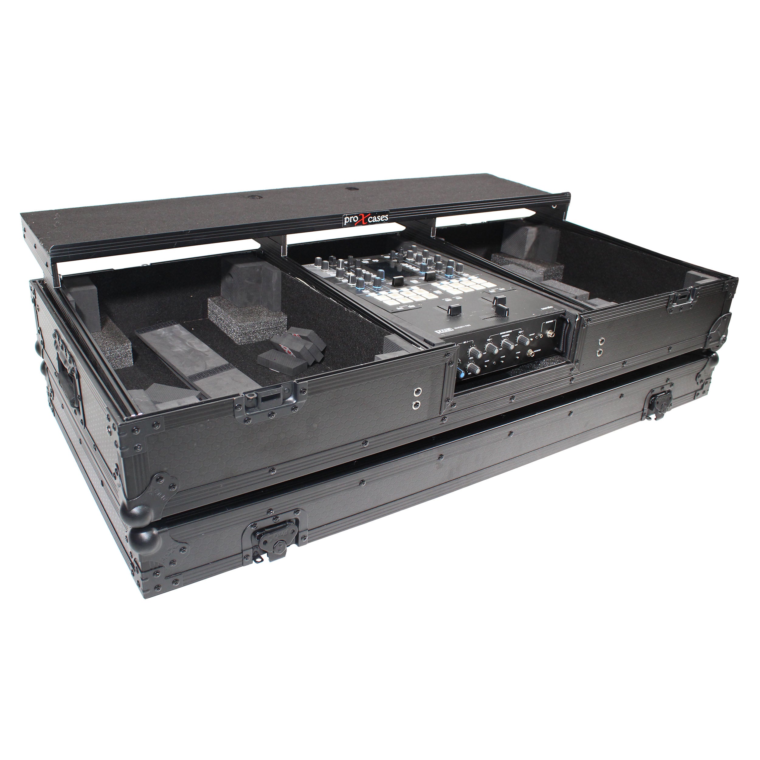 ProX Flight Coffin Case For 12" Rane 72 Mixer and 2 Turntables in Battle Mode W/ Laptop Shelf and Wheels Black on Black