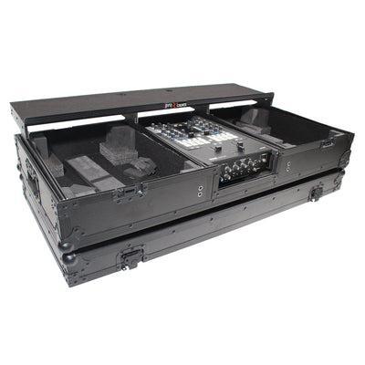 ProX Flight Coffin Case For 12" Rane 72 Mixer and 2 Turntables in Battle Mode W/ Laptop Shelf and Wheels Black on Black
