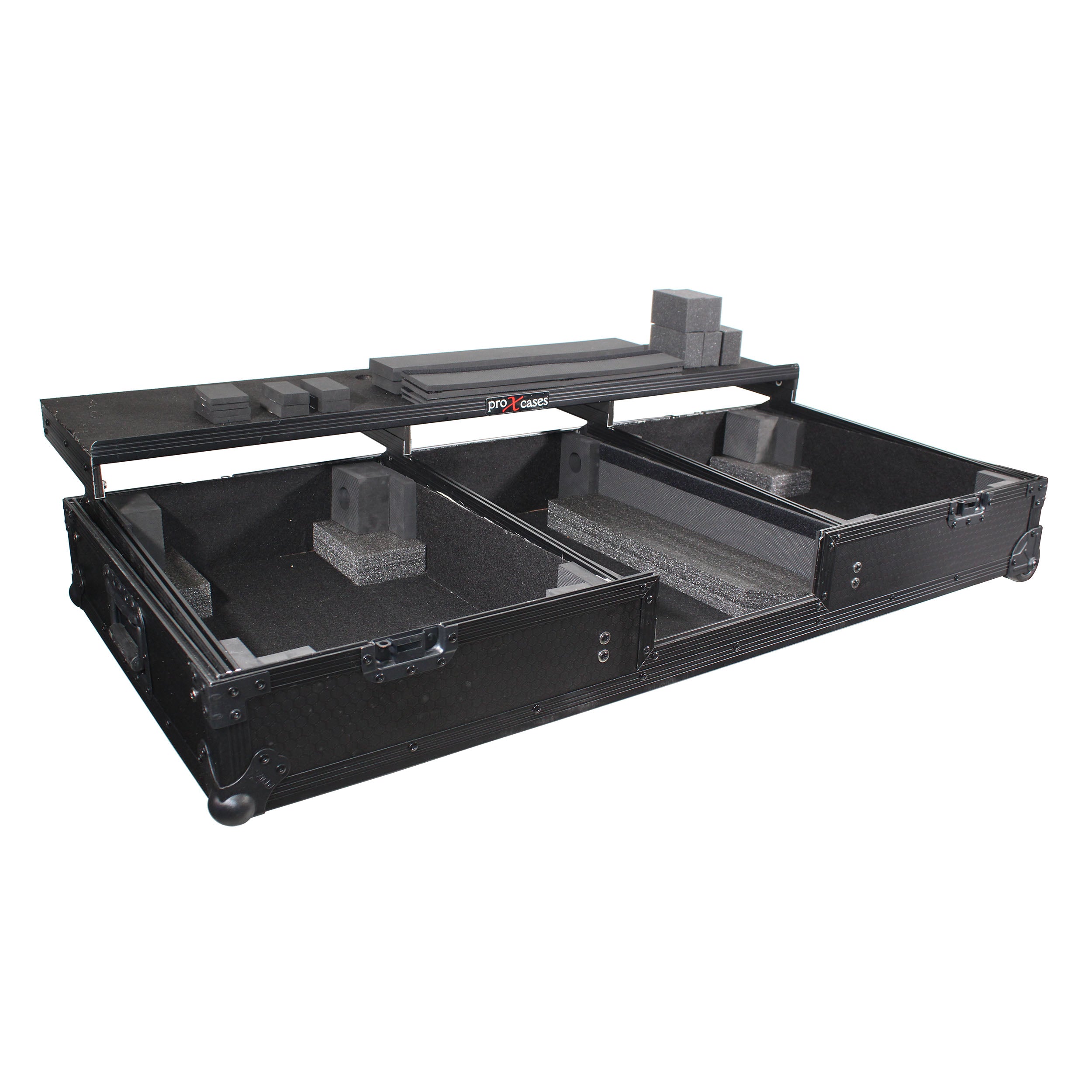 ProX Flight Coffin Case For 12" Rane 72 Mixer and 2 Turntables in Battle Mode W/ Laptop Shelf and Wheels Black on Black