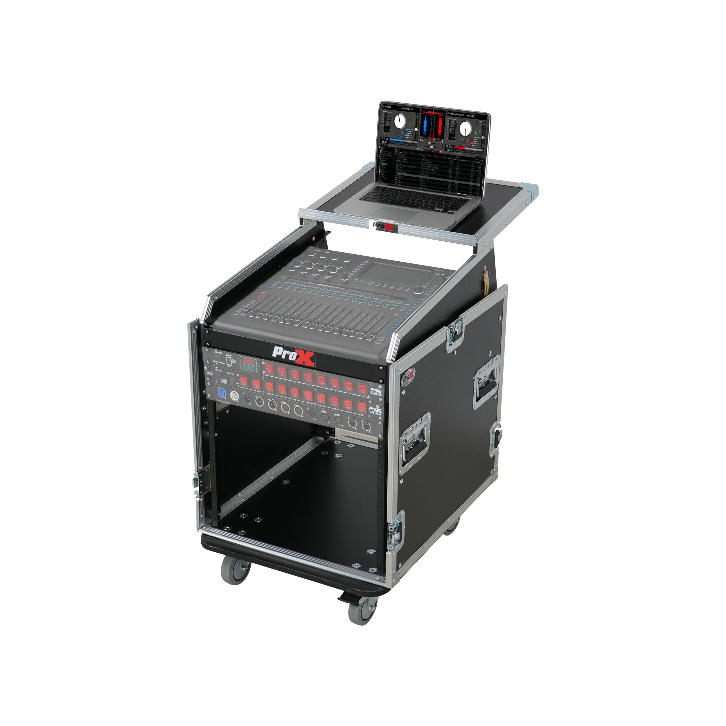 ProX 13U Top Mixer Audio Console DJ 12U Front Rack Combo Flight Case W Laptop Shelf and Casters