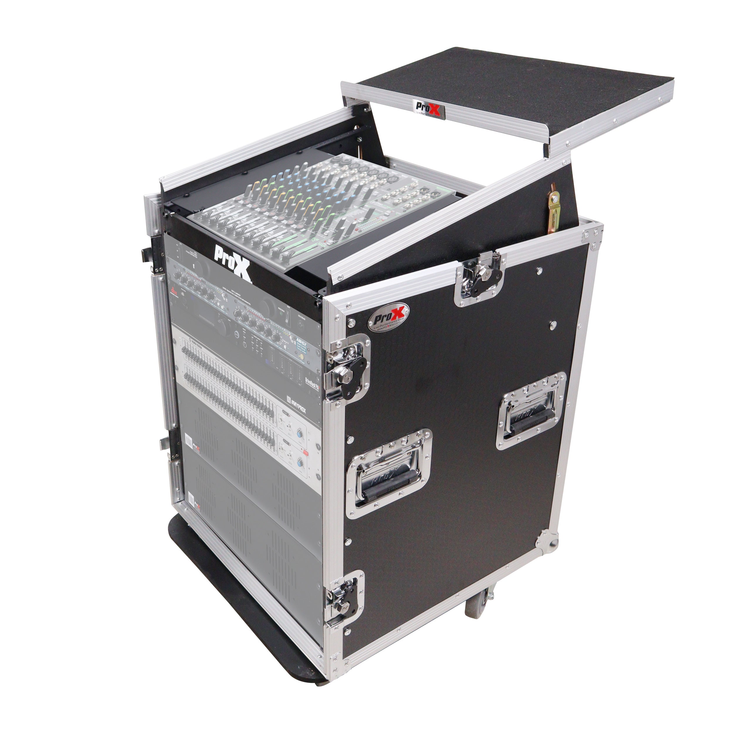 ProX 14U Vertical Rack Mount Flight Case with 10U Top for Mixer Combo Amp Rack with Laptop Shelf and Caster Wheels