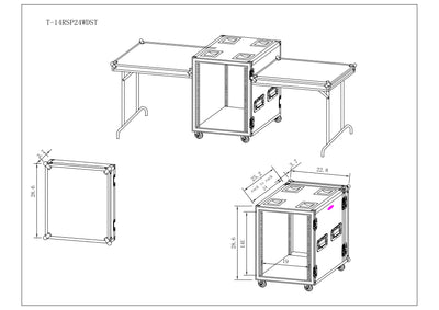 ProX 14U Vertical 24" deep Rail to RailShockproof Amp/Rack Case w/ dual side tables and 4 Casters