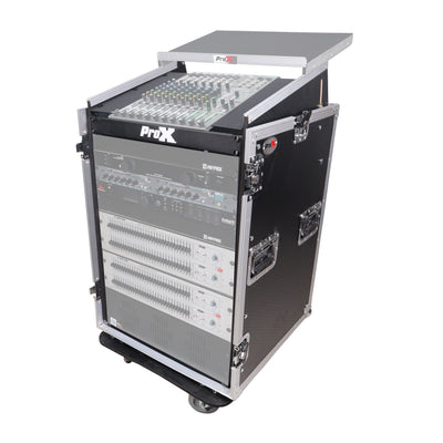 ProX 16U Vertical Rack Mount Flight Case with 10U Top for Mixer Combo Amp Rack with Laptop Shelf and Caster Wheels