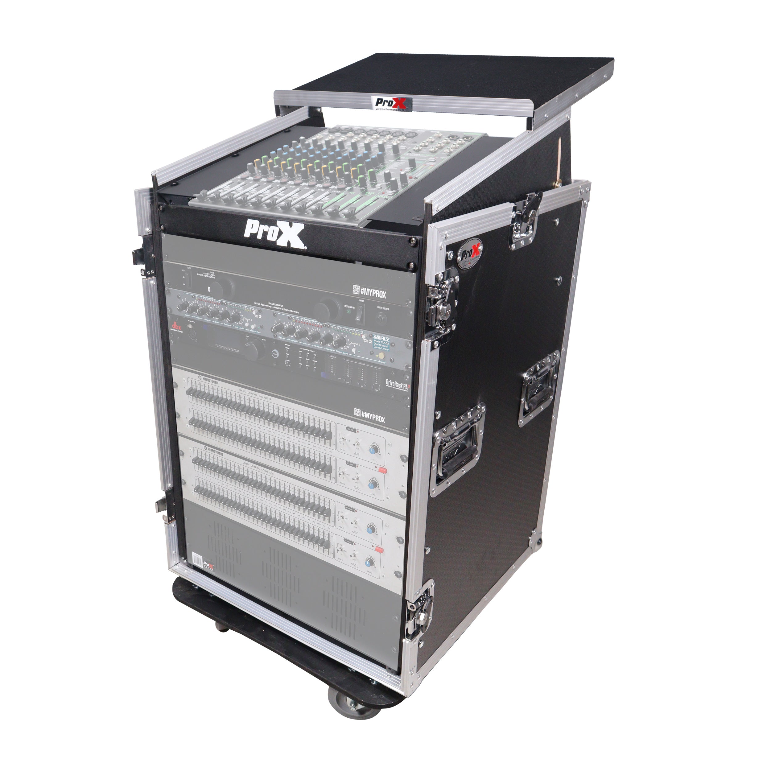 ProX 16U Vertical Rack Mount Flight Case with 10U Top for Mixer Combo Amp Rack with Laptop Shelf and Caster Wheels