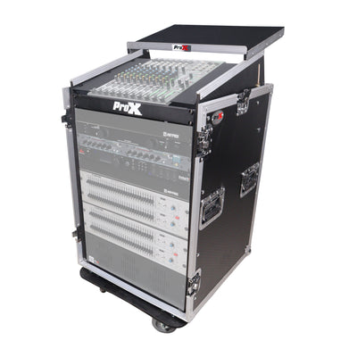 ProX 16U Vertical Rack Mount Flight Case with 10U Top for Mixer Combo Amp Rack with Laptop Shelf and Caster Wheels