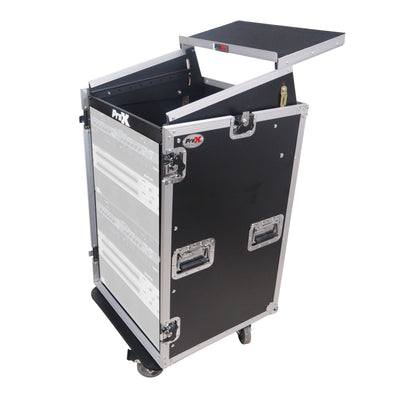 ProX 18U Vertical Rack Mount Flight Case with 10U Top for Mixer Combo Amp Rack with Laptop Shelf and Caster Wheels