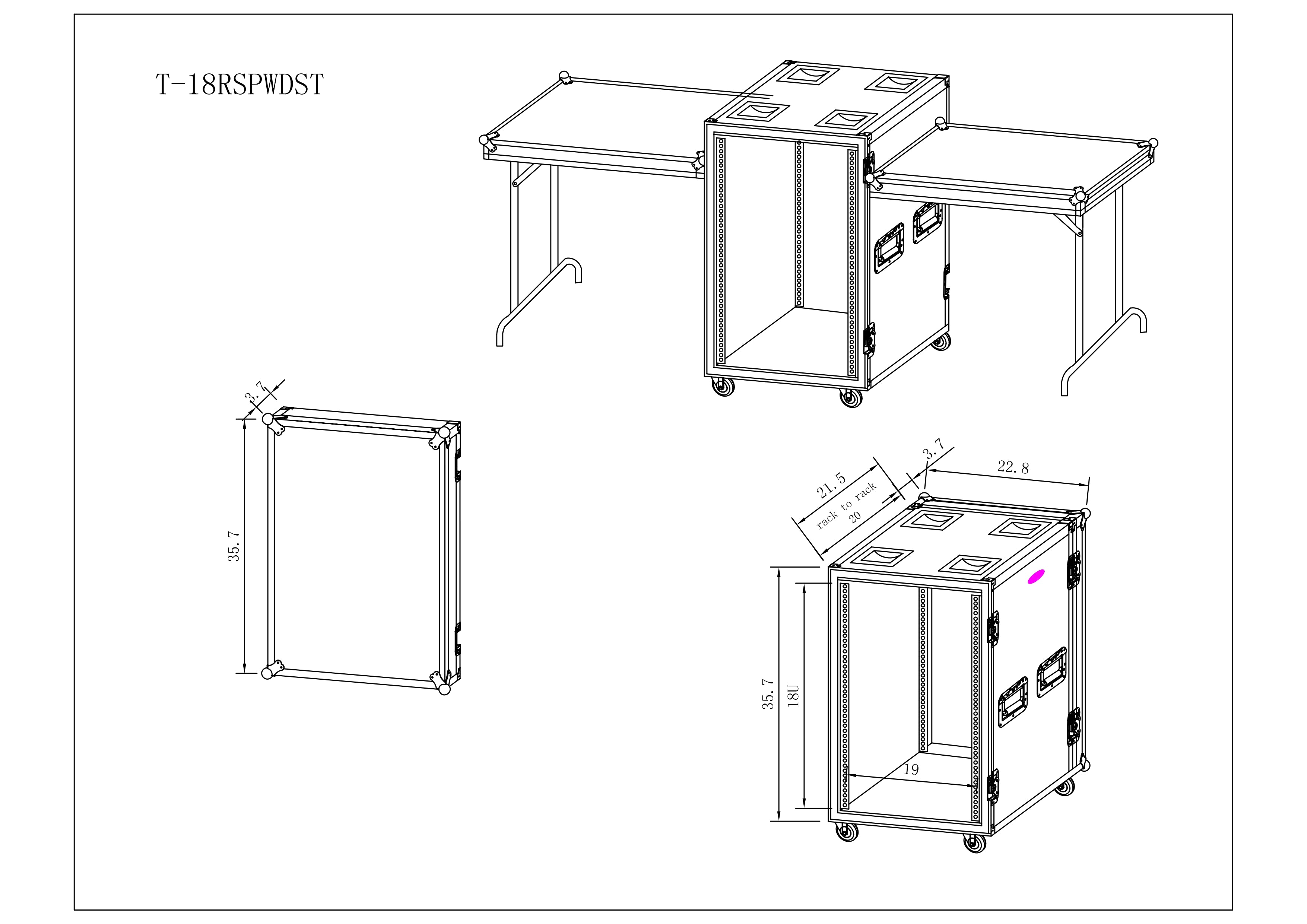 ProX 18U Vertical Shockproof Rack Case 20 In Deep W-Side Tables and Casters