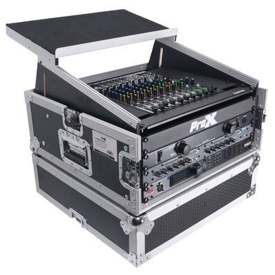 ProX 4U Vertical Rack Mount Flight Case with 10U Top for Mixer Combo Amp Rack with Laptop Shelf