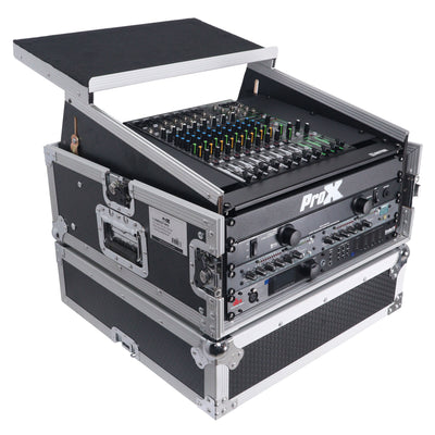 ProX 4U Vertical Rack Mount Flight Case with 10U Top for Mixer Combo Amp Rack with Laptop Shelf