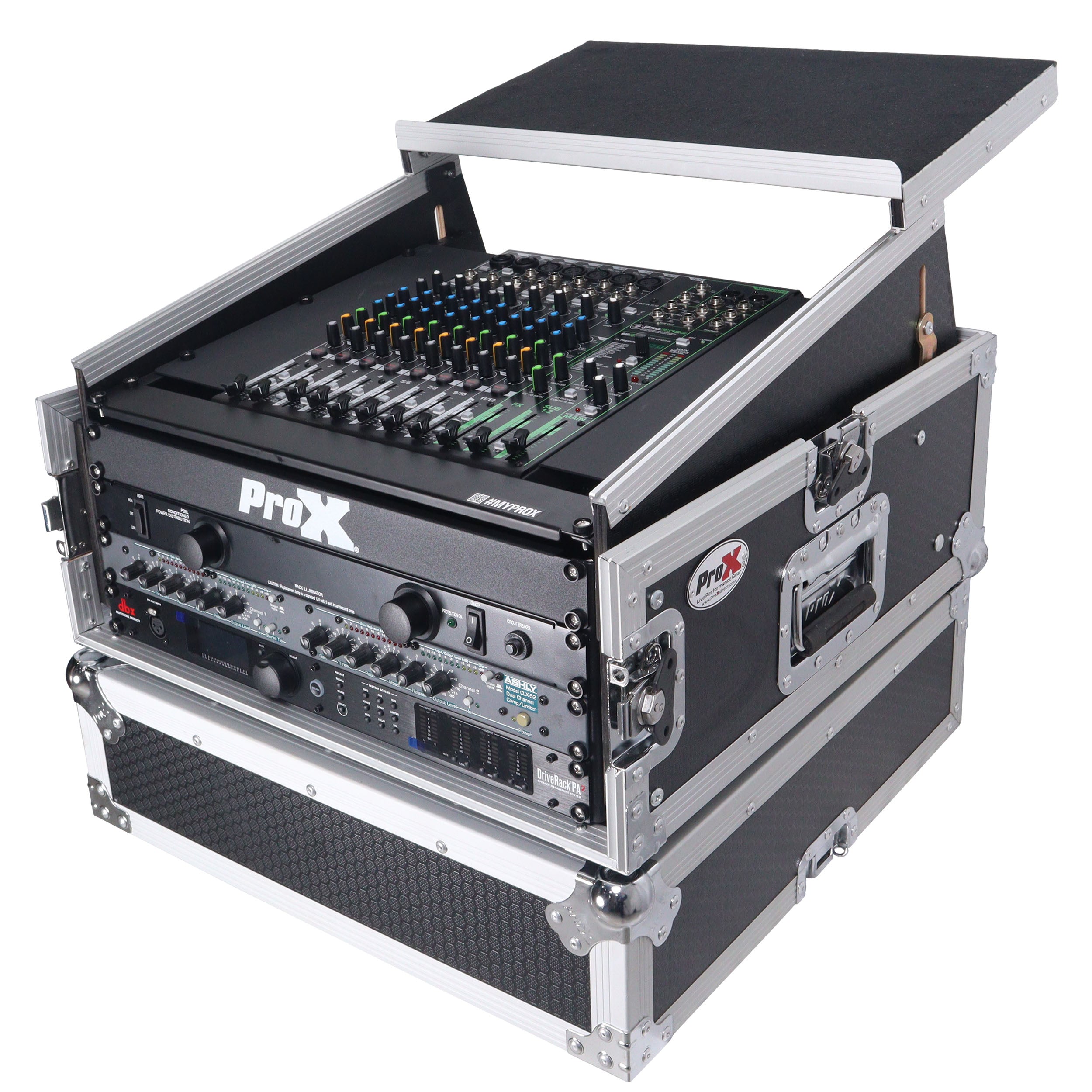 ProX 4U Vertical Rack Mount Flight Case with 10U Top for Mixer Combo Amp Rack with Laptop Shelf